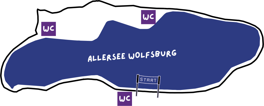 Streckenplan Tomoritzlauf 2026: Rundkurs um den Allersee mit Start-/Zielbereich und WC-Standorten